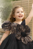 Black Party Frock With Sequins And Floral Embellishment For Girls