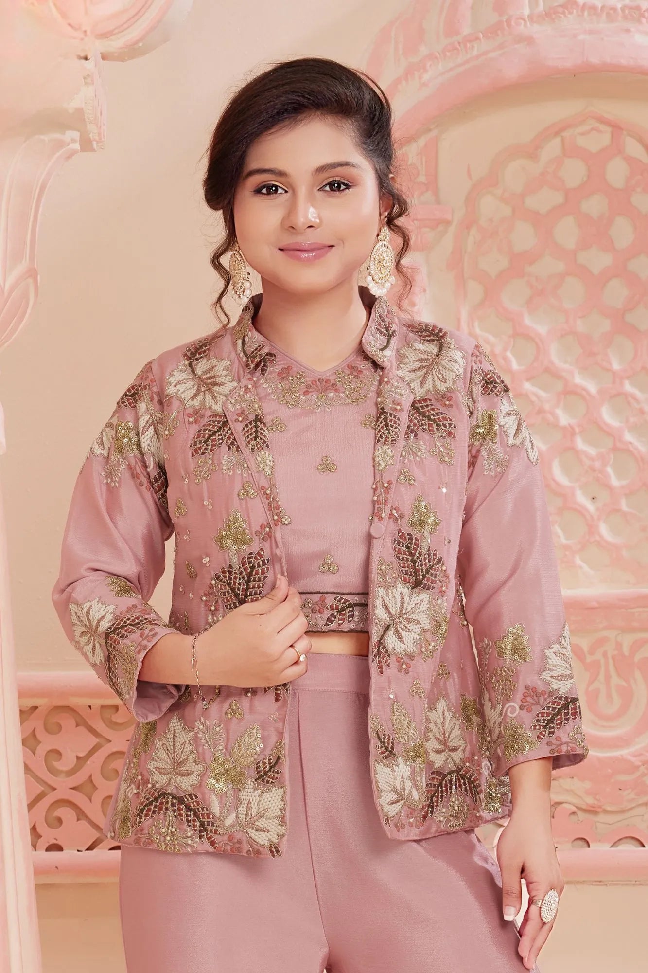 Pink Embroidered Jacket Palazzo Set for Girls