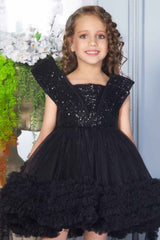 Designer Black Sequin Partywear Net Tailback Frock For Girls