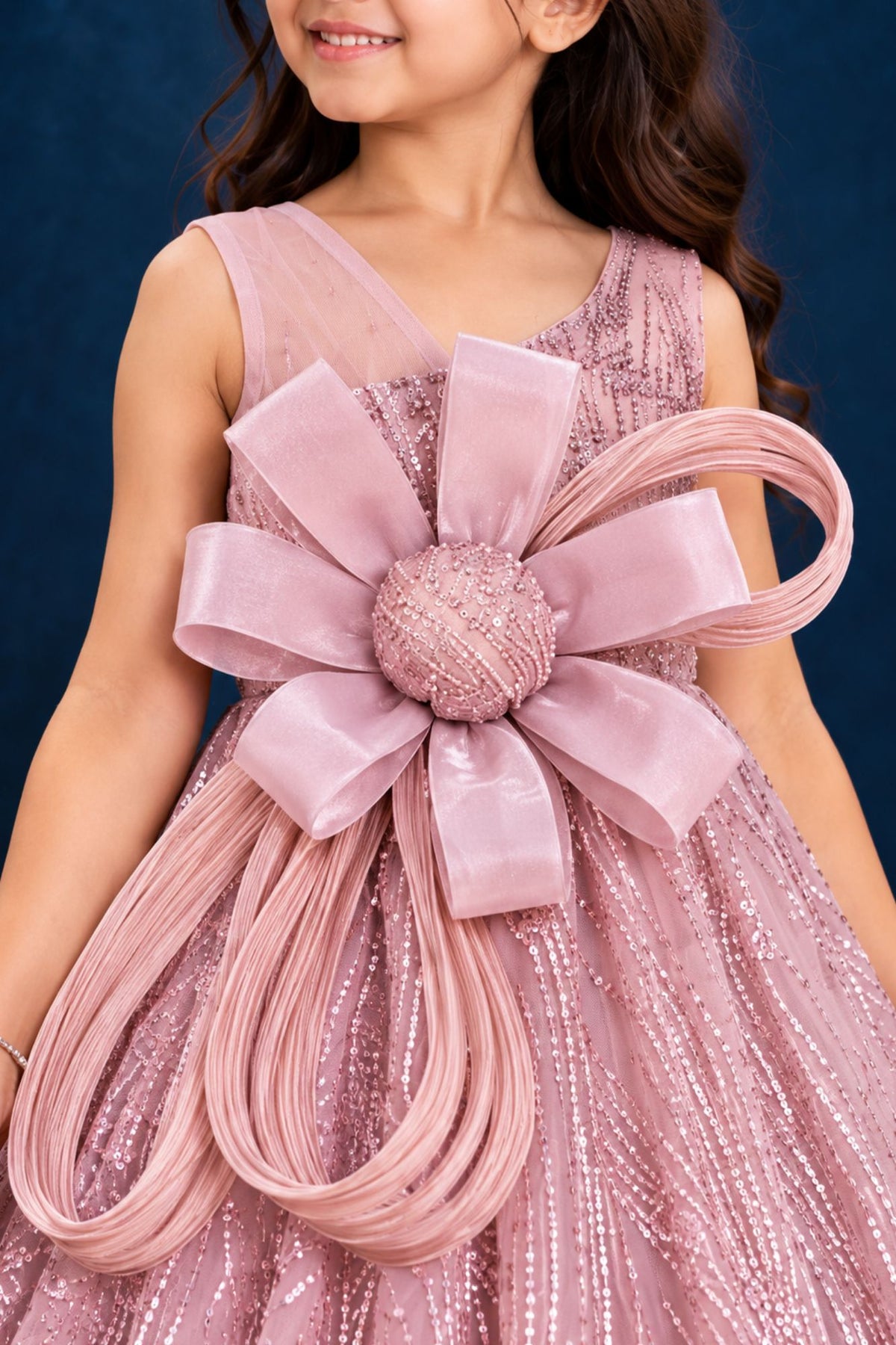 Girls Blush Pink Sequin Bow Party Wear Gown