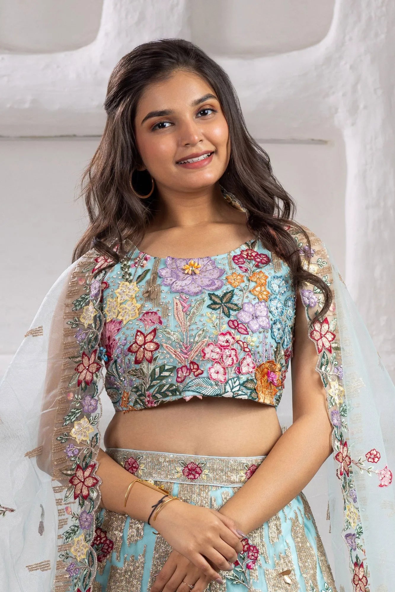 Aqua Blue 3D Floral Threadwork Lehenga Choli Set with Net Dupatta For Girls