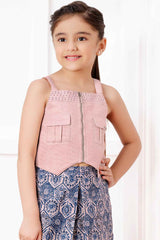 Peach With Blue Printed Top And Shorts Set For Girls