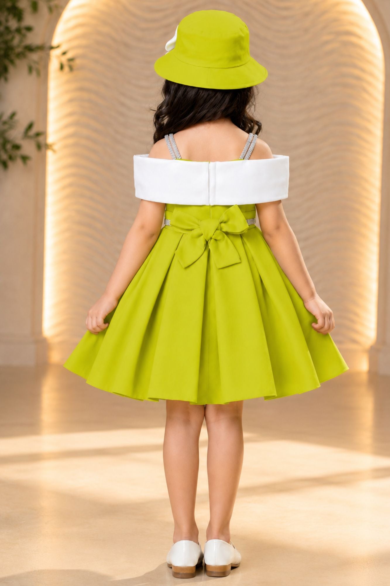 Green Off-Shoulder Bow Party Wear Frock with Matching Hat For Girls