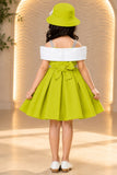 Green Off-Shoulder Bow Party Wear Frock with Matching Hat For Girls