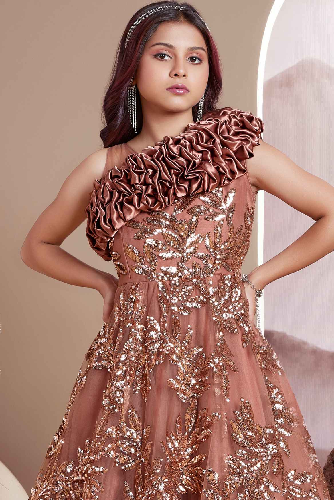 Elegant Bronze Brown Sequined Partywear Gown For Girls Lagorii Kids Elegant Bronze Brown Sequined Partywear Gown For Girls Lagorii Kids