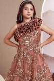 Elegant Bronze Brown Sequined Partywear Gown For Girls