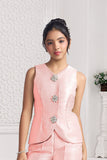 Tailored Pink Pant Set with Crystal Brooch Accents For Girls