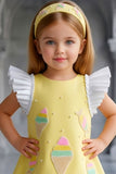 Lemon Yellow Ice Cream Appliqué Party Wear Frock with Pleated Ruffle Sleeves For Girls