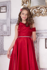 Designer Red Satin Asymmetric Gown For Girls