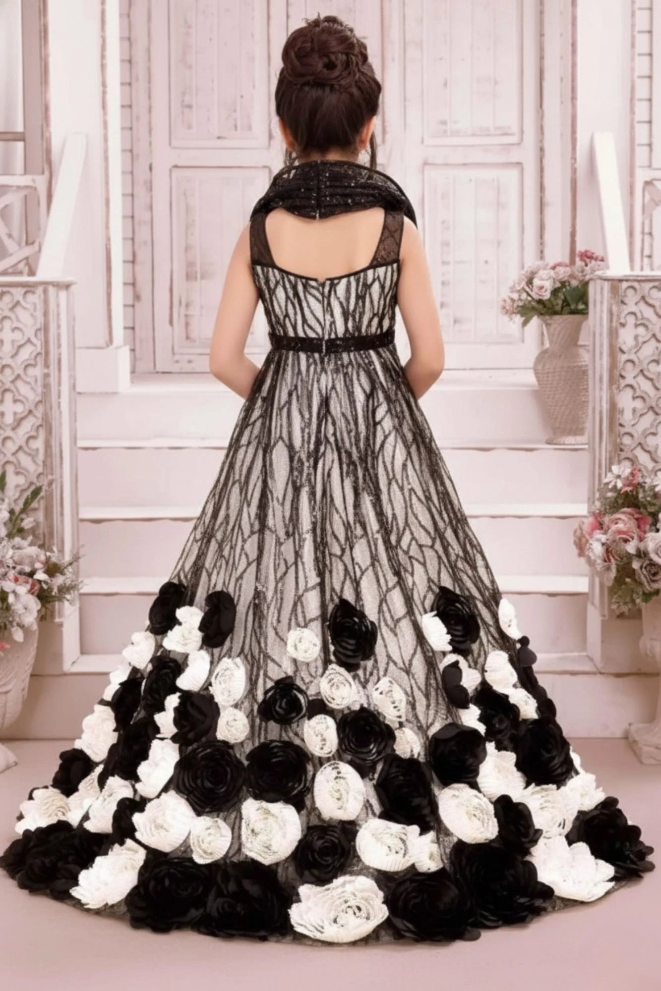 Black & Ivory Floral Appliqué Party Wear Gown with Sequin Detailing For Girls