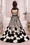 Black & Ivory Floral Appliqué Party Wear Gown with Sequin Detailing For Girls