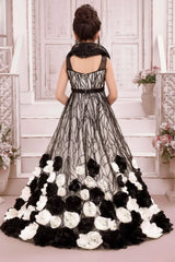 Black & Ivory Floral Appliqué Party Wear Gown with Sequin Detailing For Girls