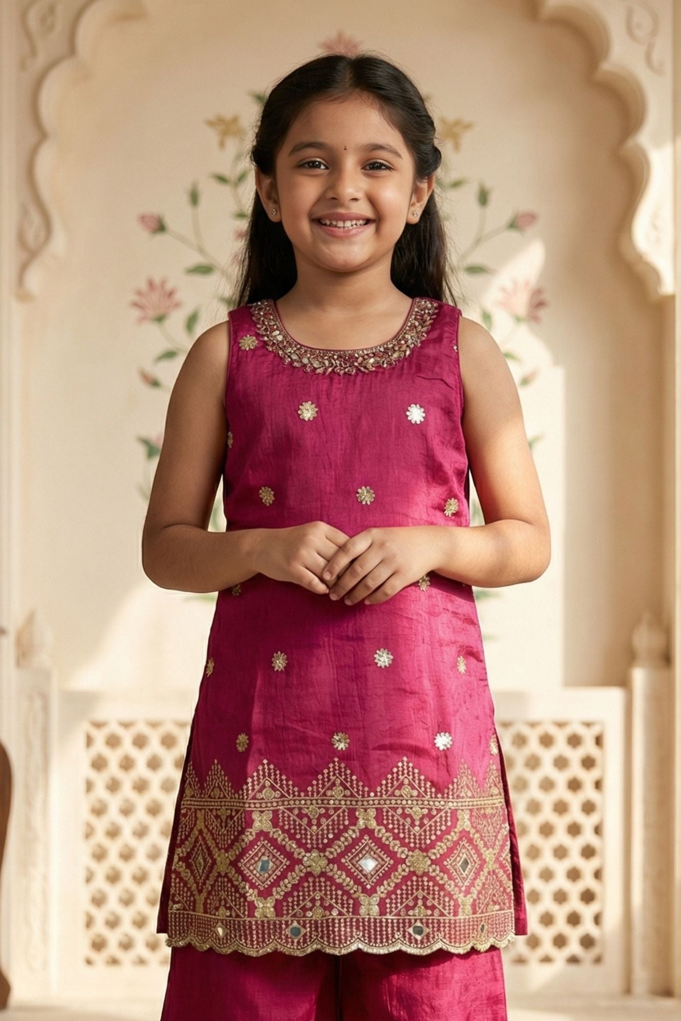 Red Embroidered Palazzo Set For Girls With Zari Detailing