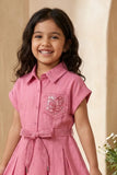 Girls Pink Embroidered Fit And Flare Casual Dress with Waist Tie Belt
