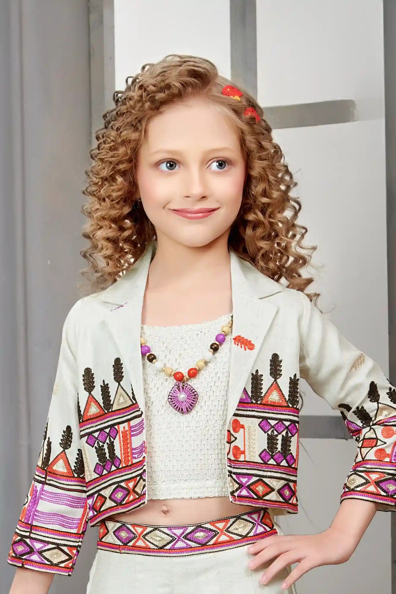 Stylish Cream Co-Ord Set with Embroidered Overcoat & Palazzo Pants For Girls