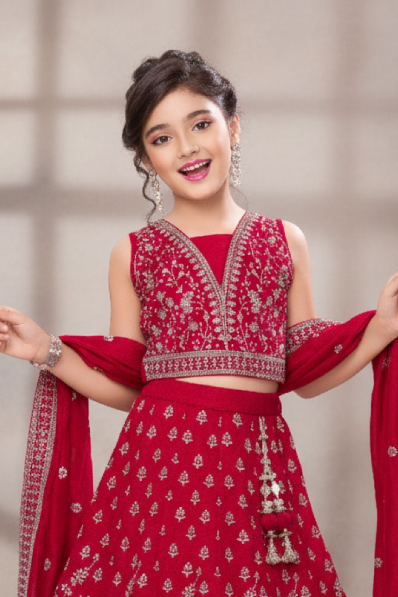 Rani Pink Embroidered Lehenga Choli Set with Dupatta For Girls