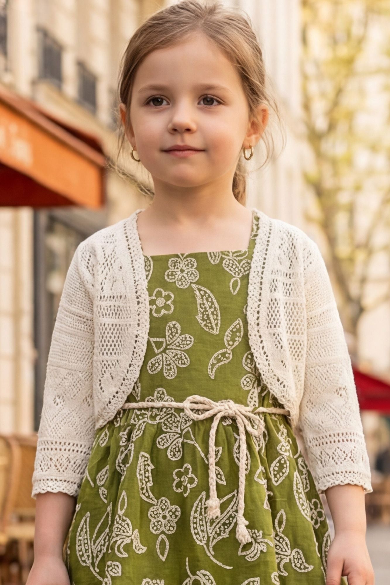 Girls Olive Green Printed Frock with Crochet Shrug