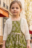 Girls Olive Green Printed Frock with Crochet Shrug