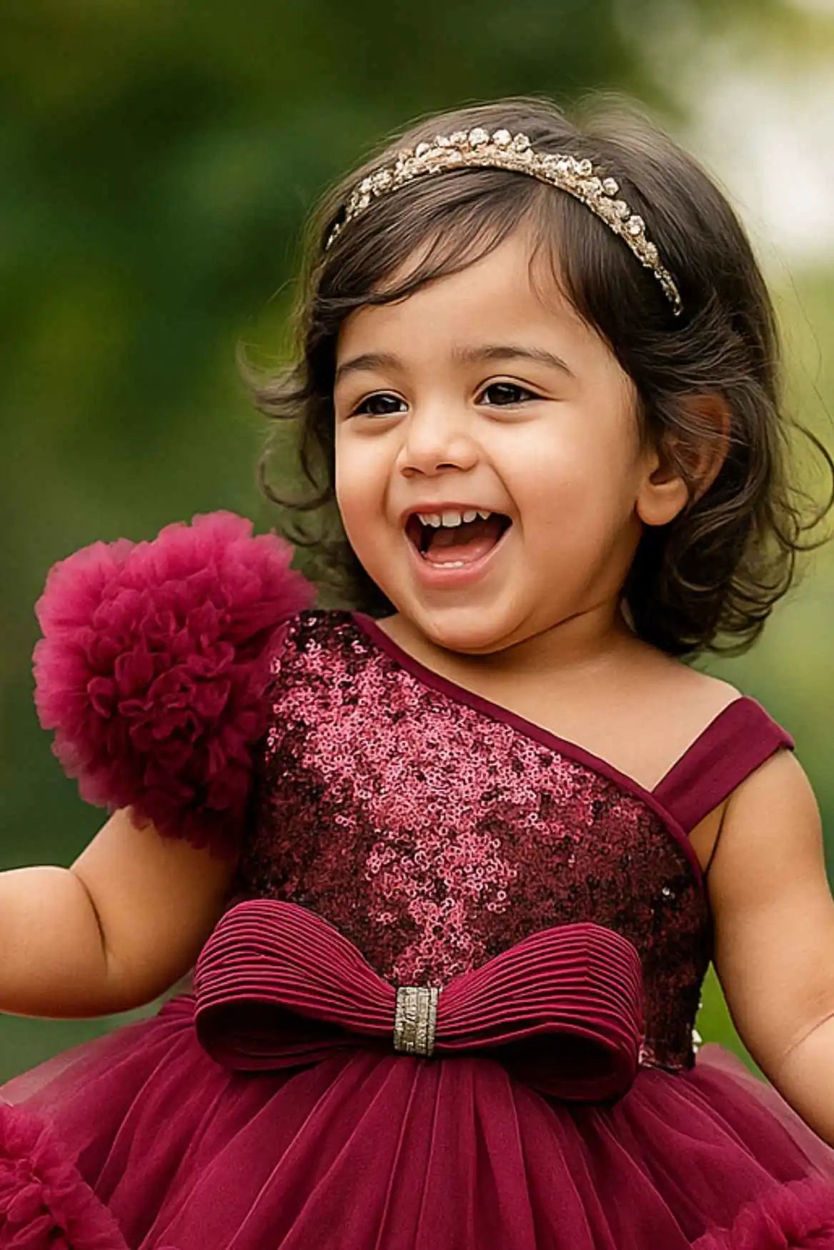 Wine Ruffle Party Frock With Sequin Bows And High-Low Hem For Girls