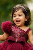 Wine Ruffle Party Frock With Sequin Bows And High-Low Hem For Girls