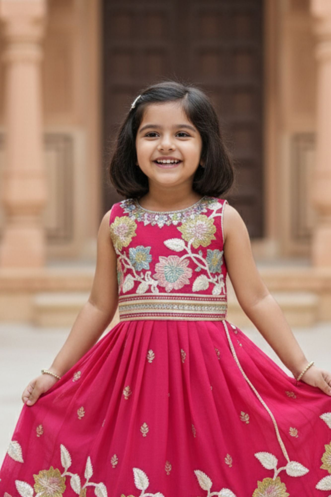 Fuchsia Pink Floral Embroidered Lehenga Choli Set For Girls
