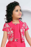 Rani Pink Top And 3/4th Shorts Set With Sequins Work Overcoat And Sling Bag For Girls
