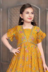 Mustard Printed Gown With Golden Embroidery For Girls