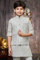 Cream Embroidered Waist Coat With Kurta And Pant Set For Boys