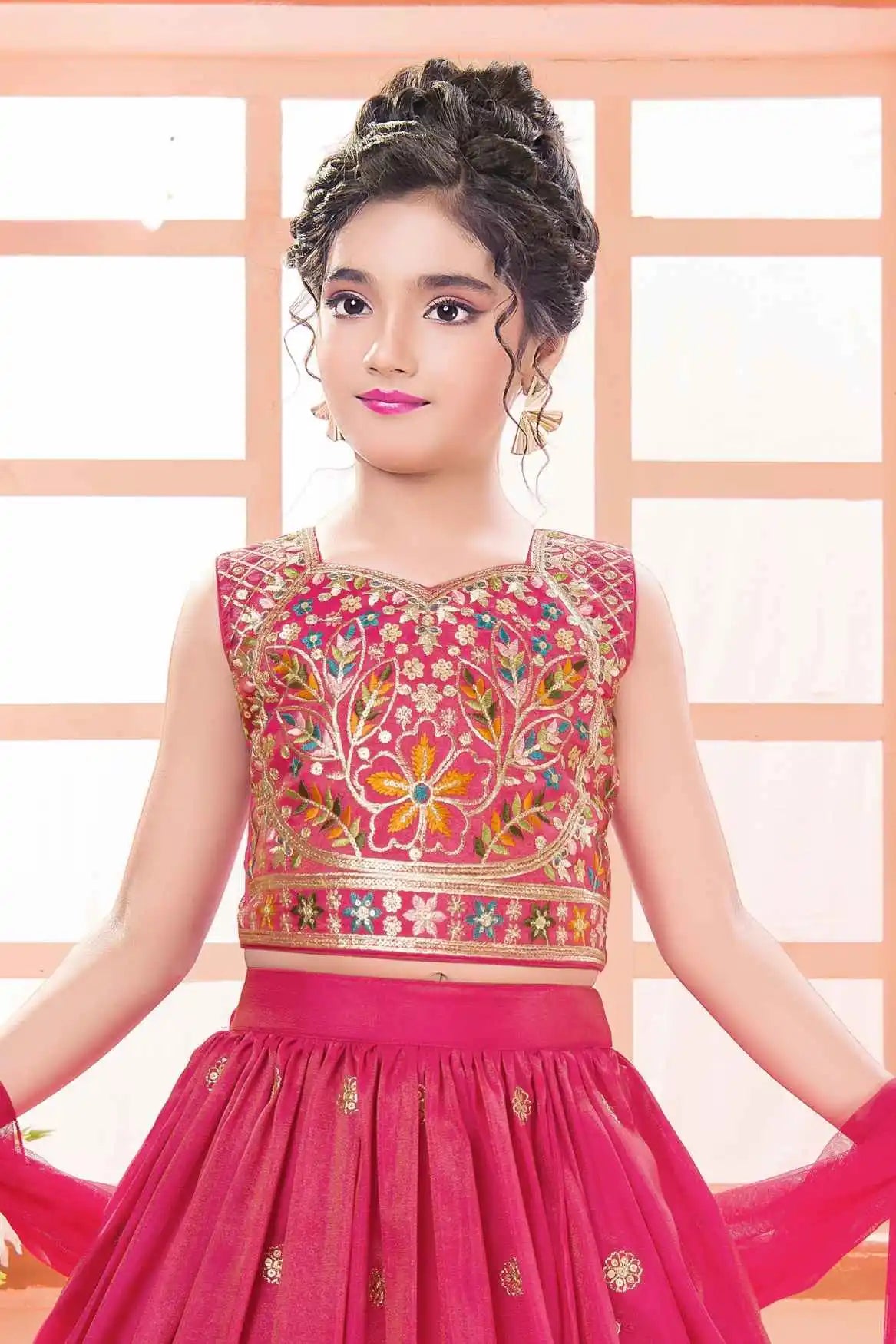 Rani Pink Multicolor Embroidered Lehenga Choli For Girls