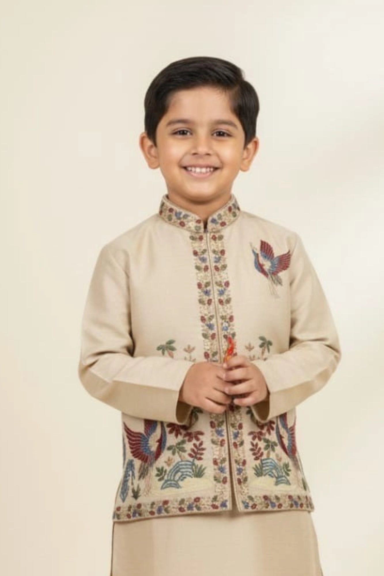 Beige Multicolor Embroidered Kurta Set For Boys