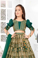 Rama Green Printed And Sequin Work Lehenga Choli For Girls