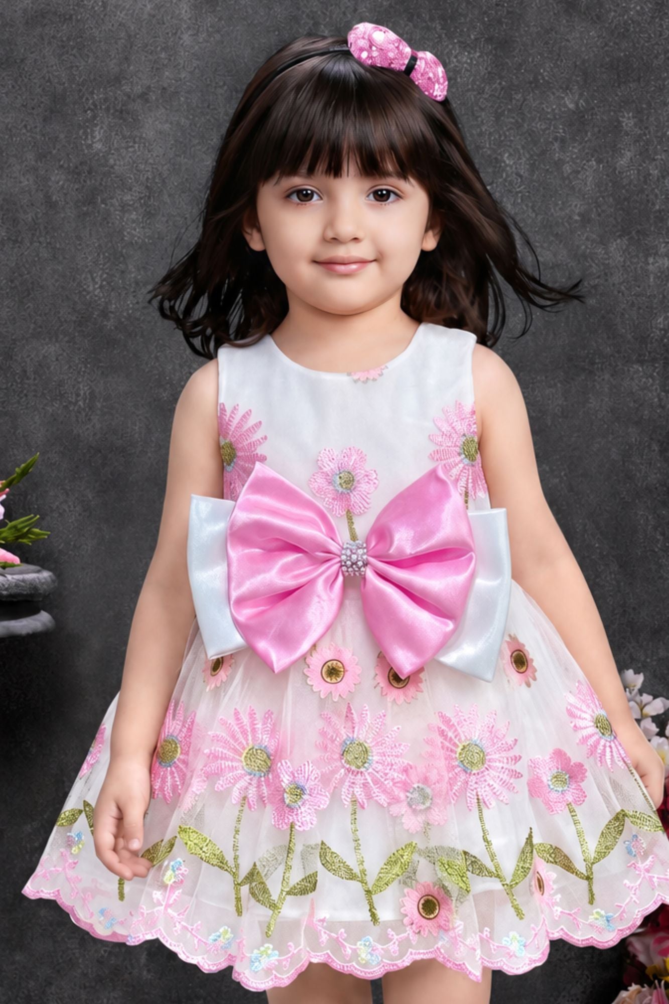 White Party Frock With Pink Embroidered Floral And Oversized Satin Bow