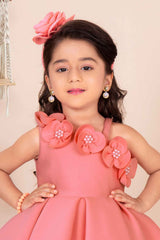 Peach Sleeveless With Floral Embellishment And Pearl Frock For Girls