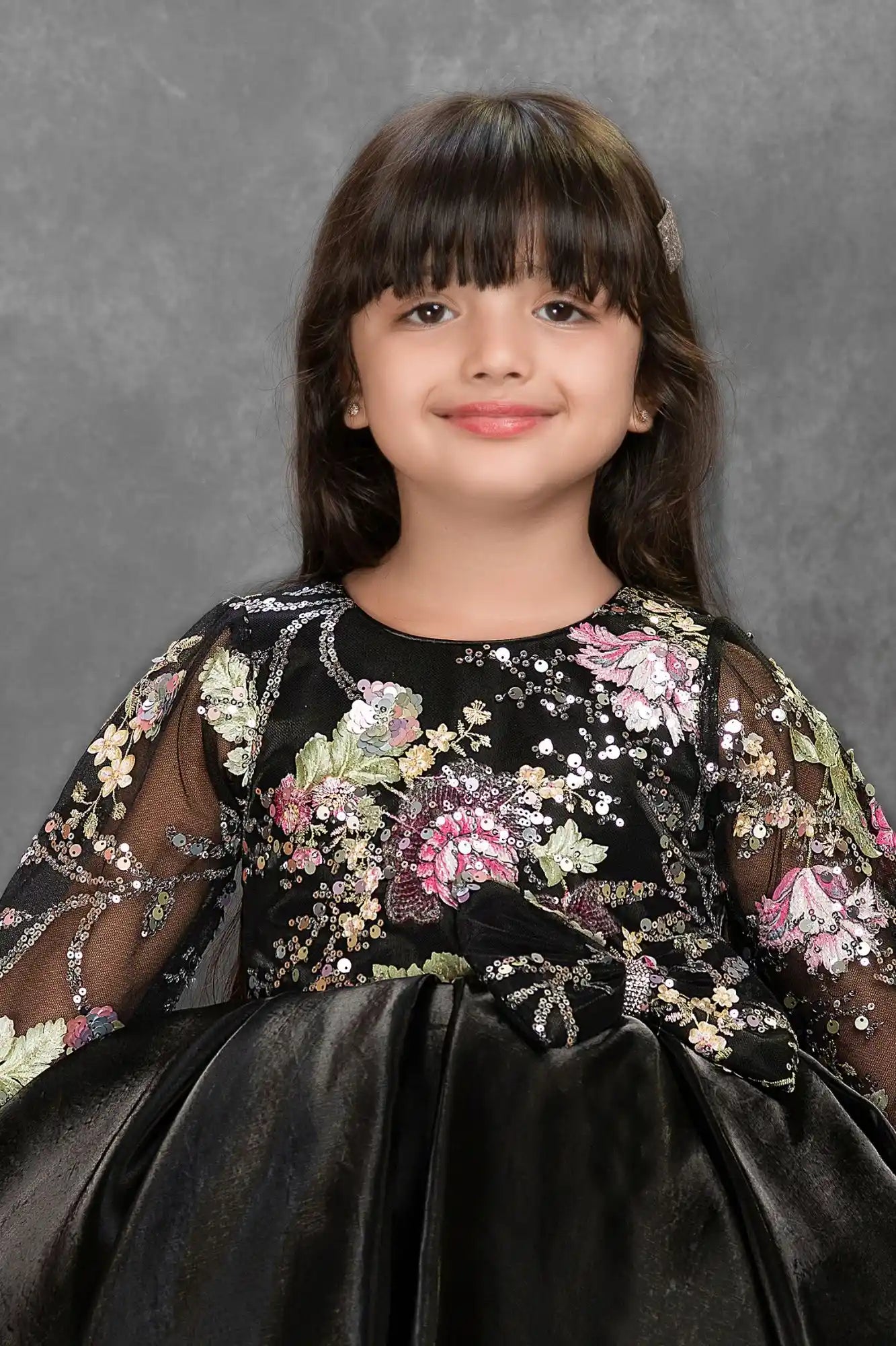 Midnight Black Floral Embroidered Tail Back Party Wear Frock For Girls