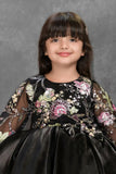 Midnight Black Floral Embroidered Tail Back Party Wear Frock For Girls