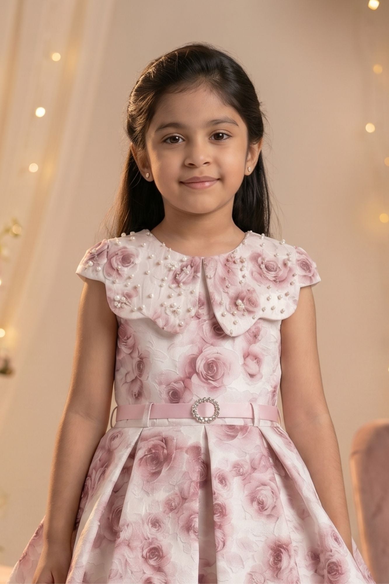 Ivory Floral Print Party Frock With Belt  For Girls