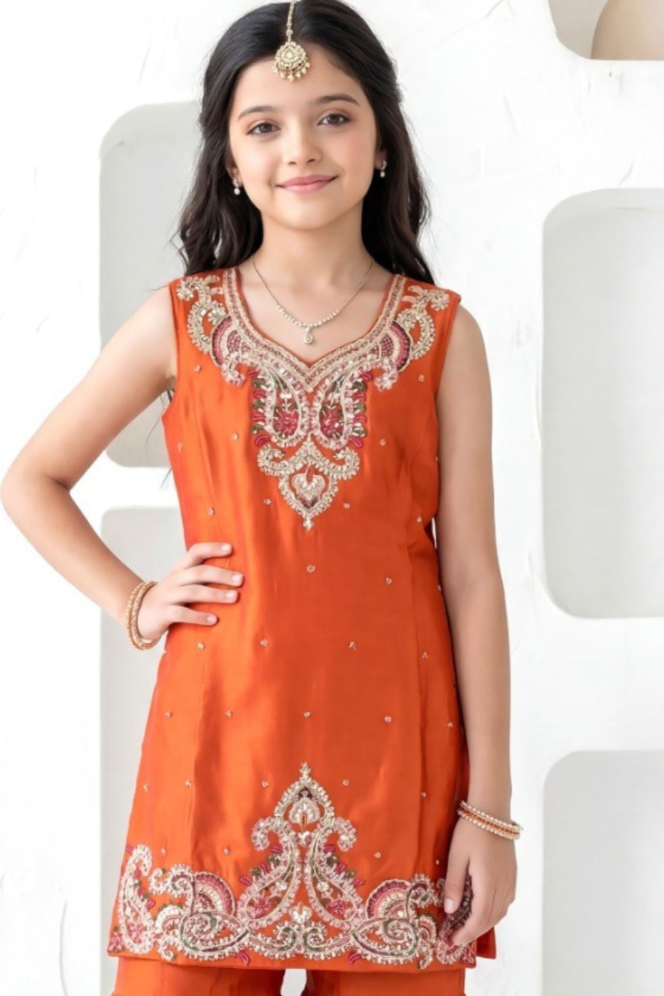 Orange Embroidered Sharara Set With Dupatta For Girls