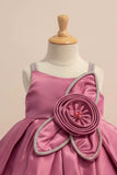 Pink Party Frock with Floral Rosette and Embellished Strap Detailing For Girls