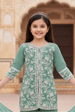 Sea Green Thread Embroidered Short Kurti with Sharara and Dupatta For Girls