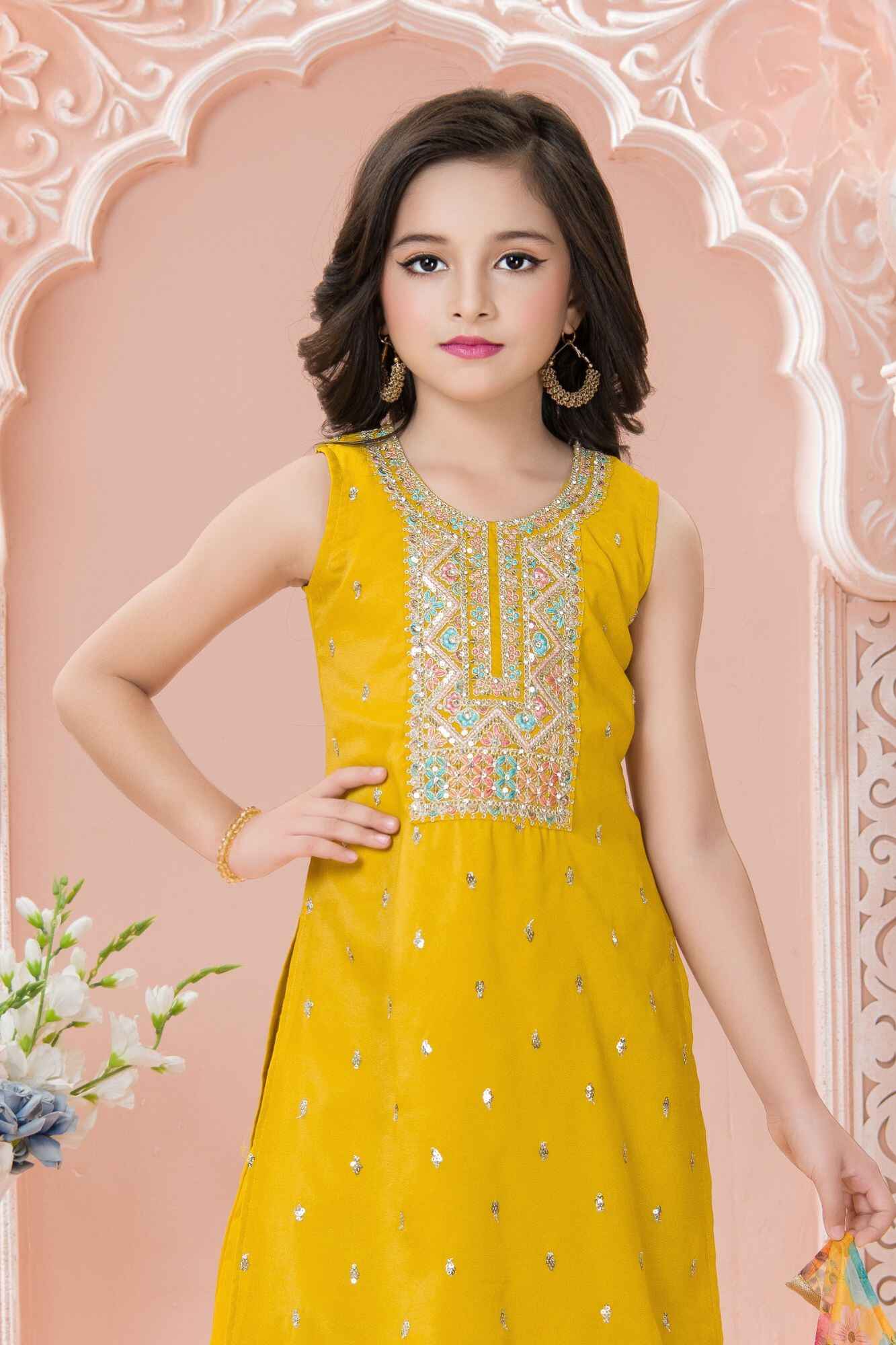 Mustard Yellow Embroidered Kurta Set with Floral Printed Dupatta For Girls