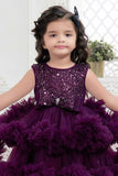 Wine Net Partywear Frock With Sequin And Bow Embellished For Girls