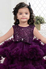 Wine Net Partywear Frock With Sequin And Bow Embellished For Girls