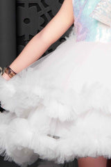 White Sleeveless And Sequins With Bow Embellished Tailback Frock For Girls