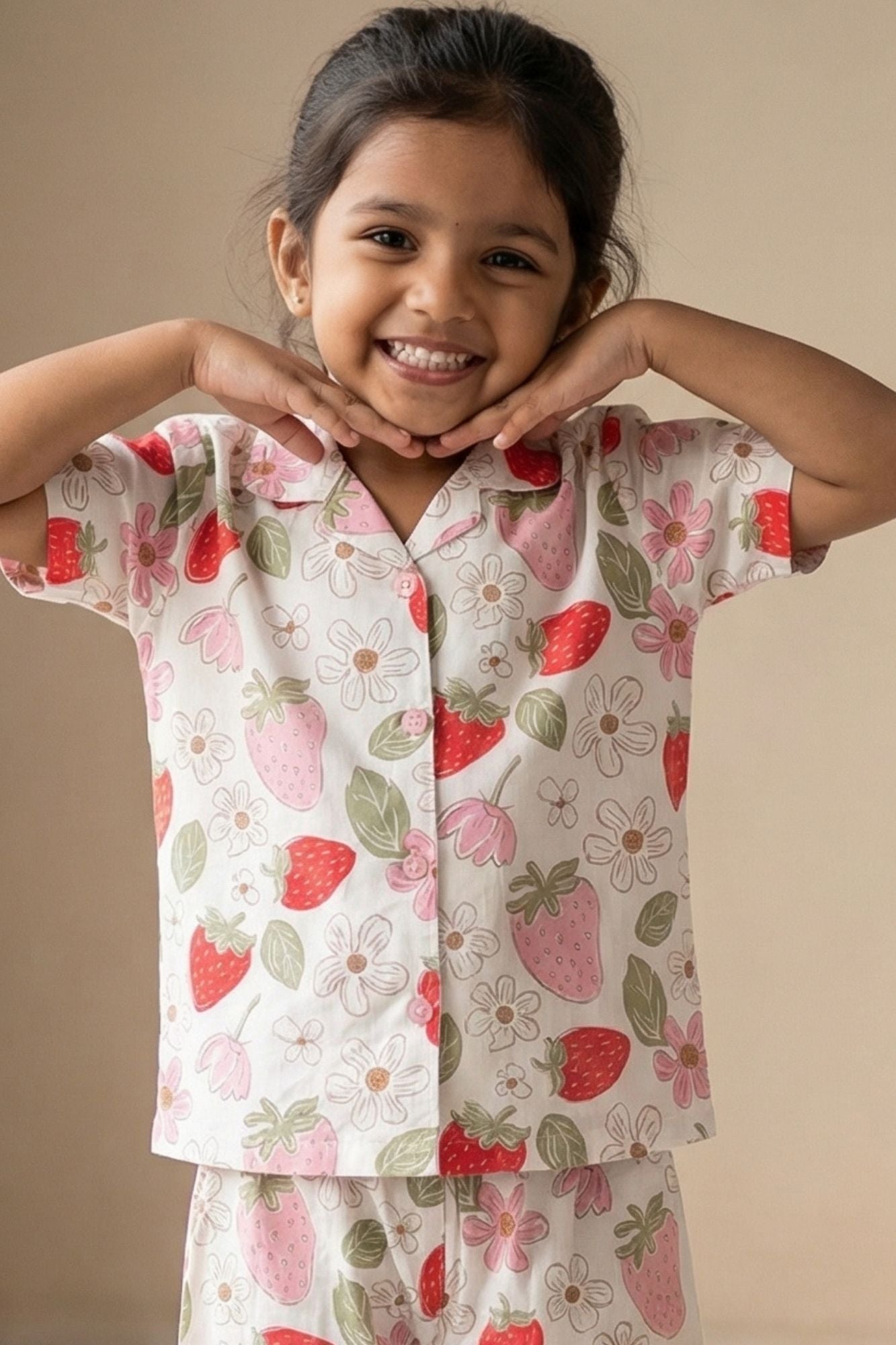 Off White Strawberry Floral Printed Night Suit Set For Girls