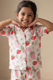 Off White Strawberry Floral Printed Night Suit Set For Girls