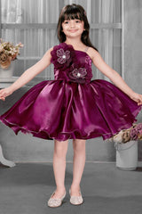 Wine Sleeveless And Floral Embellishment With Stone And Pearl Work Frock For Girls