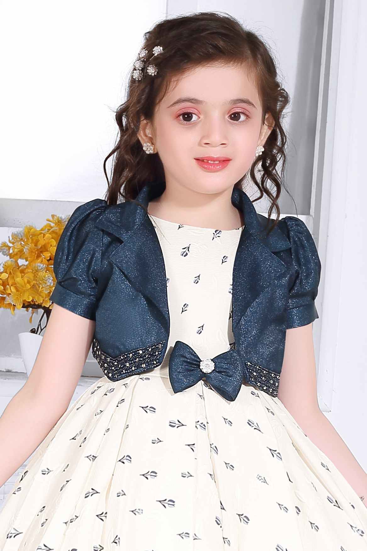 Floral Printed Off White Partywear Frock With Blue Overcoat For Girls