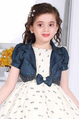 Floral Printed Off White Partywear Frock With Blue Overcoat For Girls