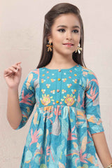 Sky Blue Floral Printed Ethnic Kurta Set For Girls