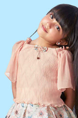 Peach Top and Printed Skirt Set For Girls